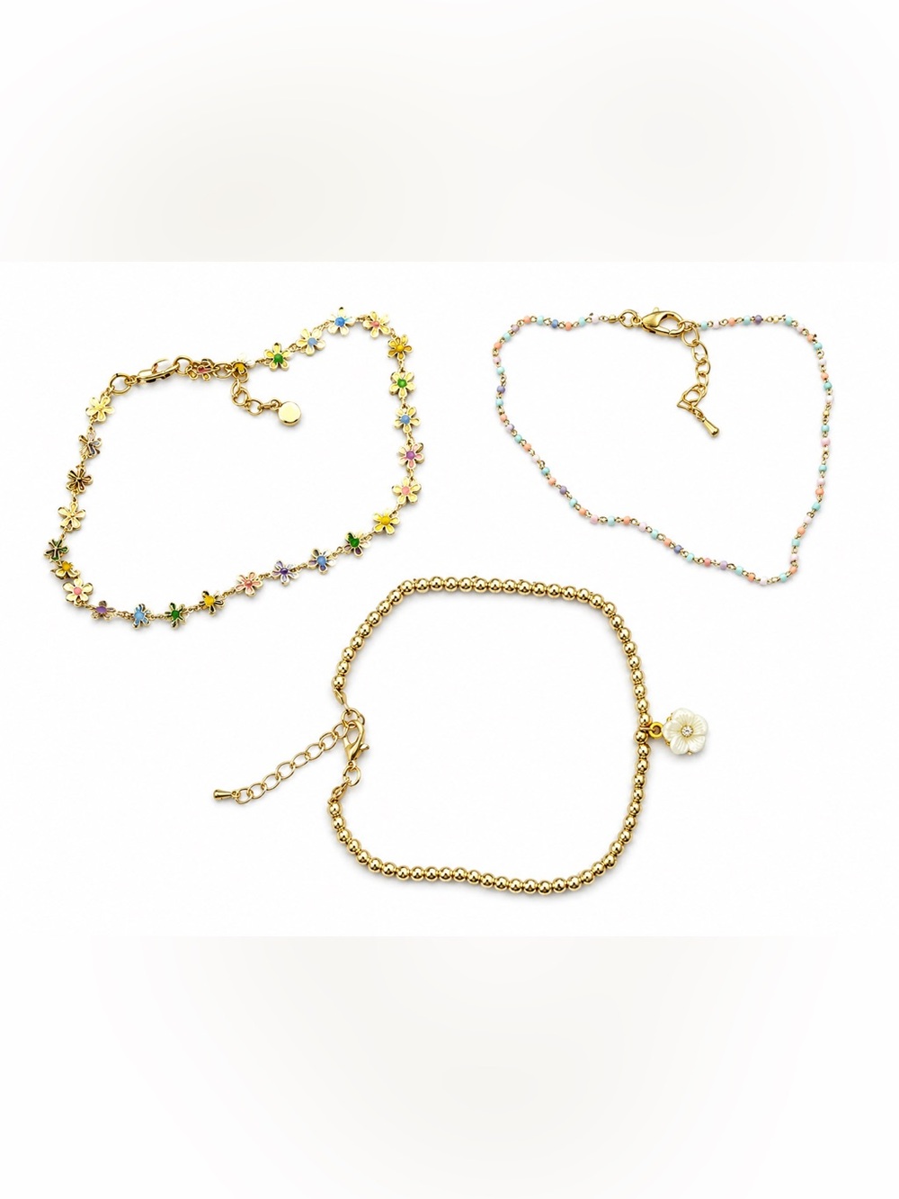 3-Piece Gold Tone Floral Beaded Anklet Set Colorful Boho Summer